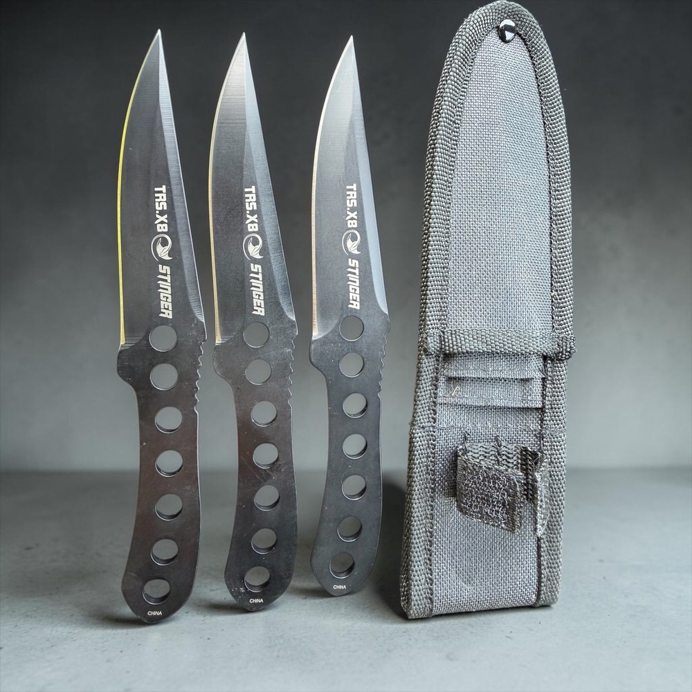 TRS.X8 Stinger Throwing Knife Set 3 Piece Black 8 Inch Full Tang with Sheath